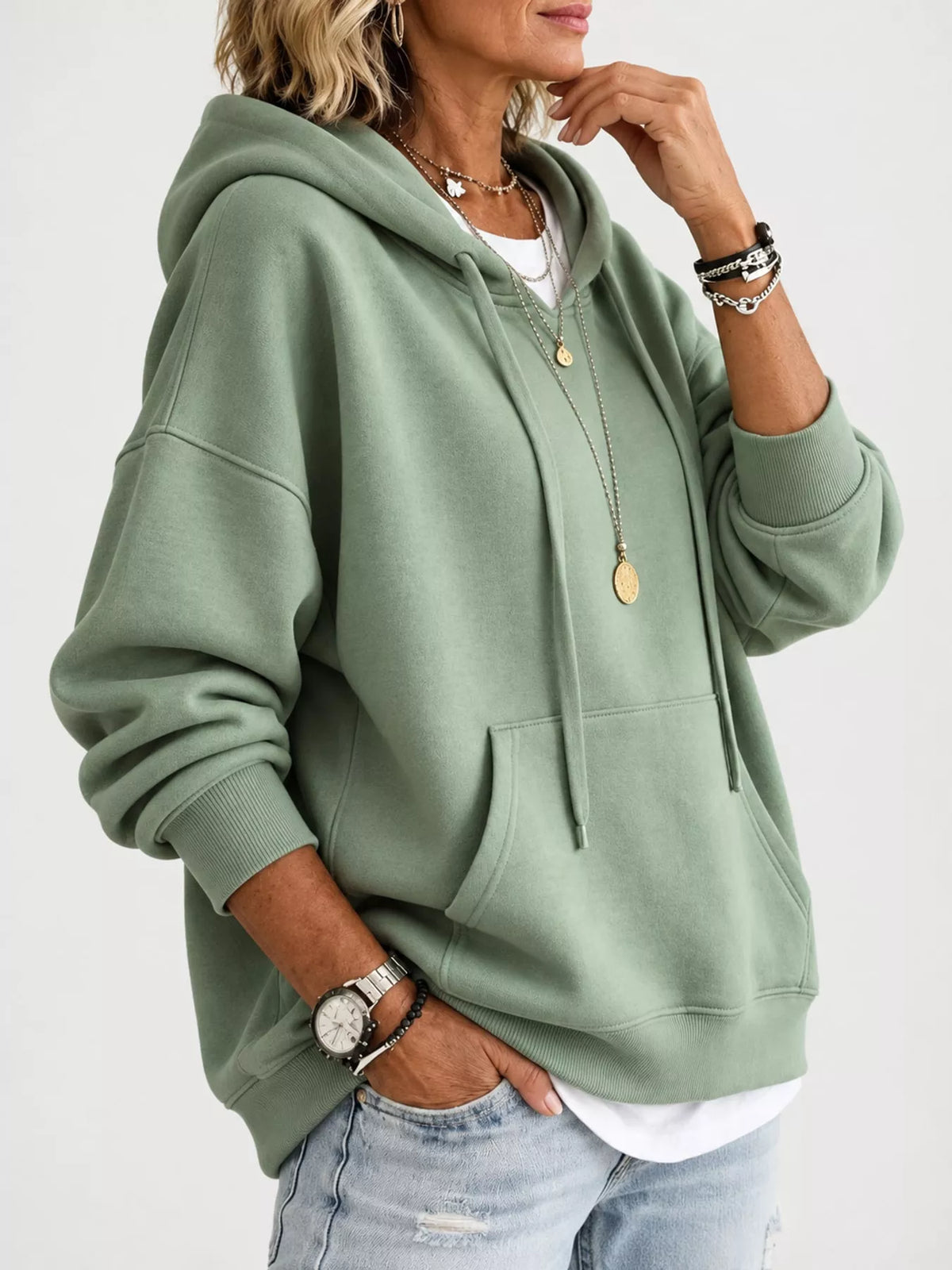Women's Drawstring Dropped Shoulder Hoodie in sage — side view