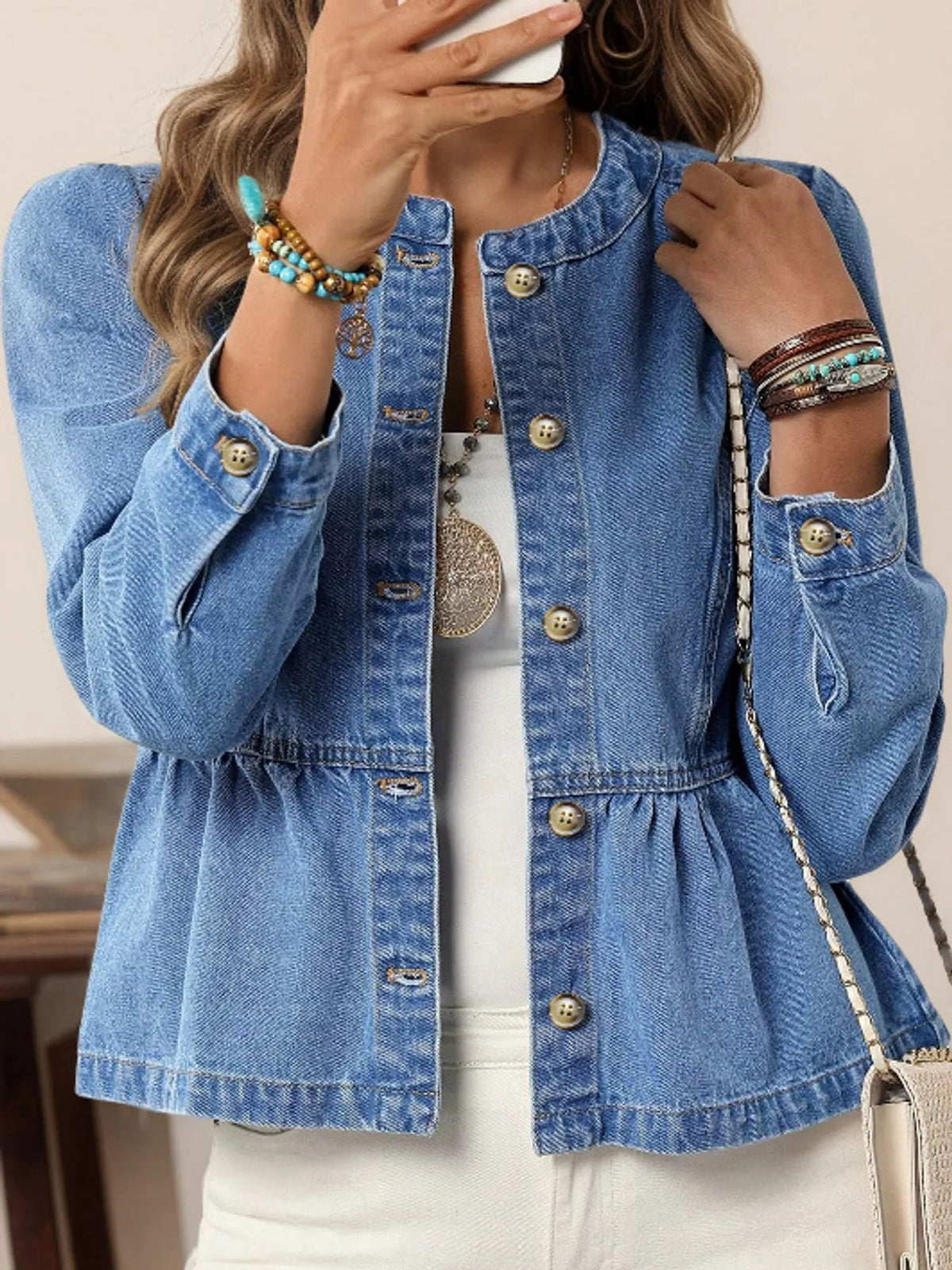 Women's Button Up Peplum Denim Shirt in blue — front view