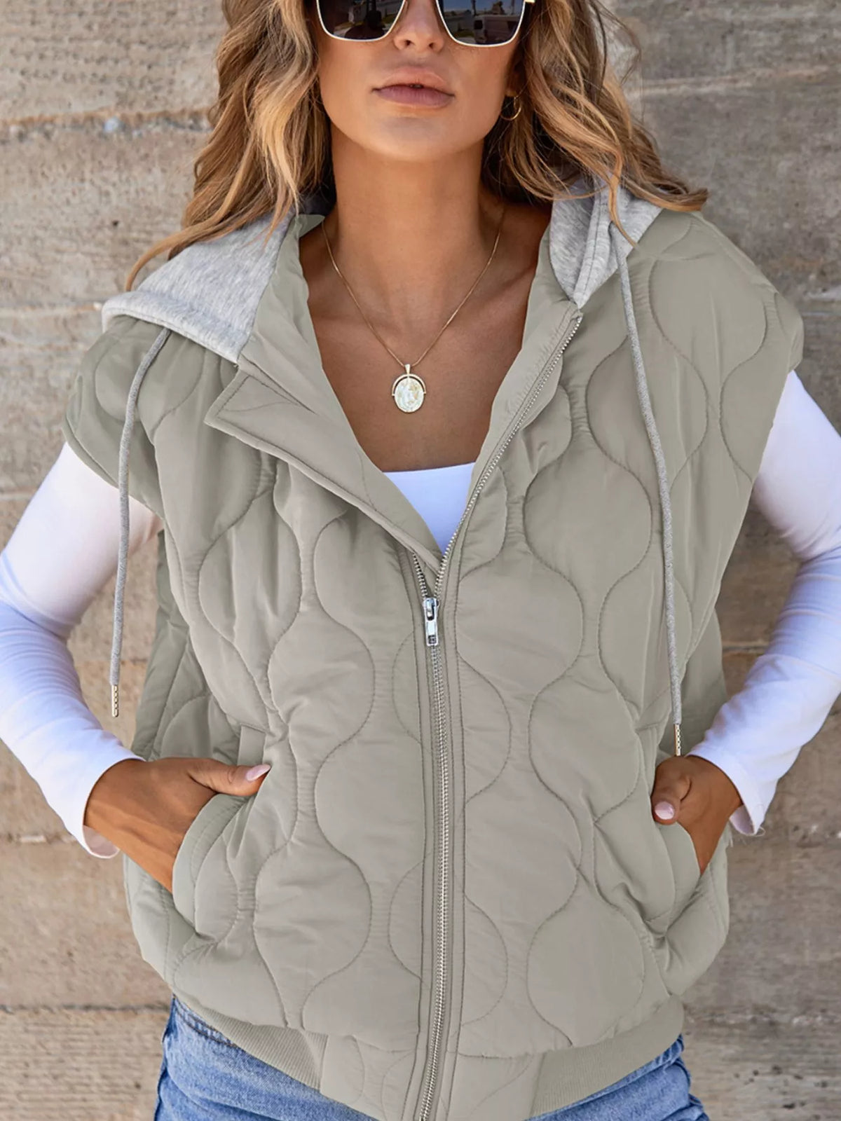 Hooded puffer vest, beige zipped front