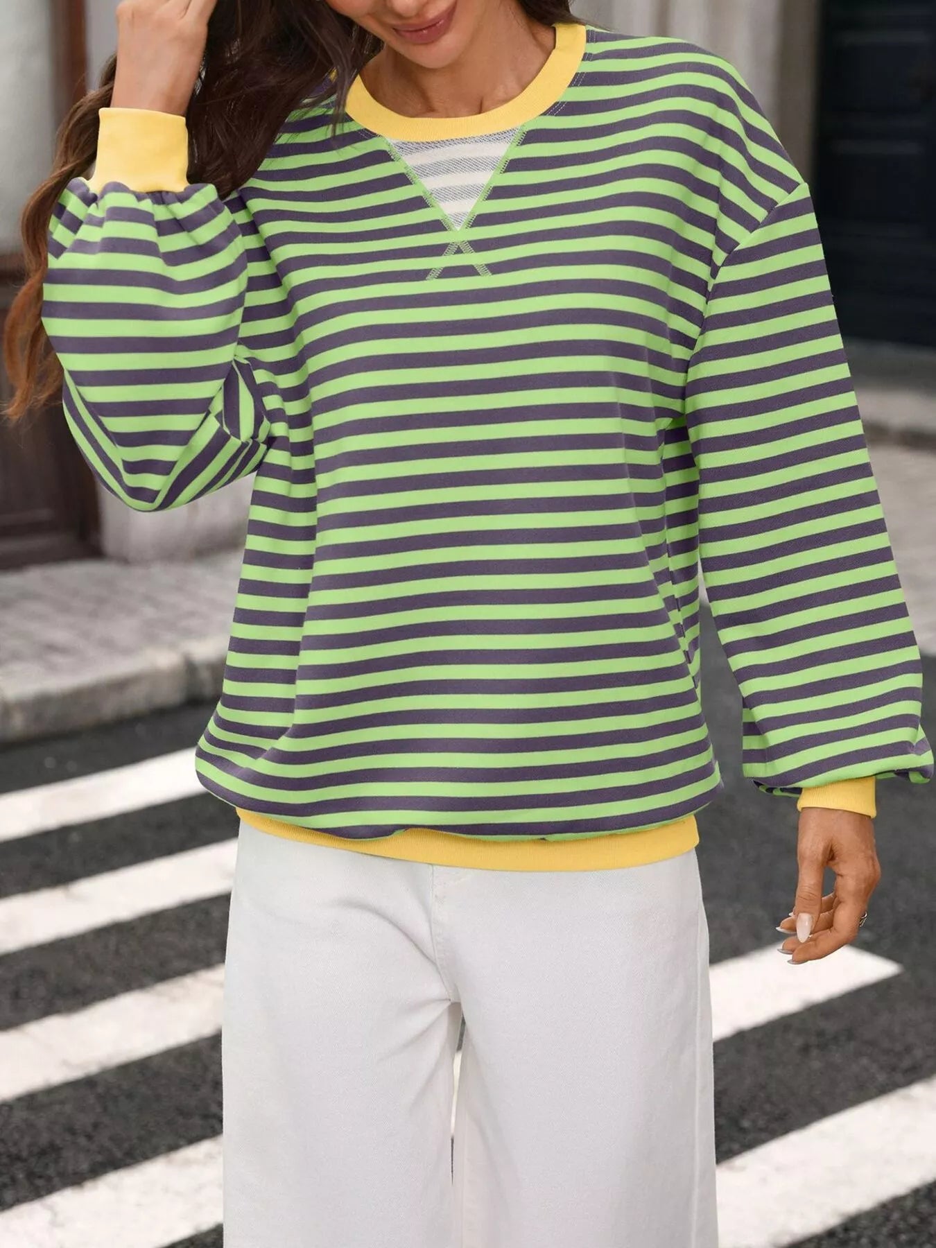 Trendsi Contrast Trim Striped Crew Neck Sweatshirt -