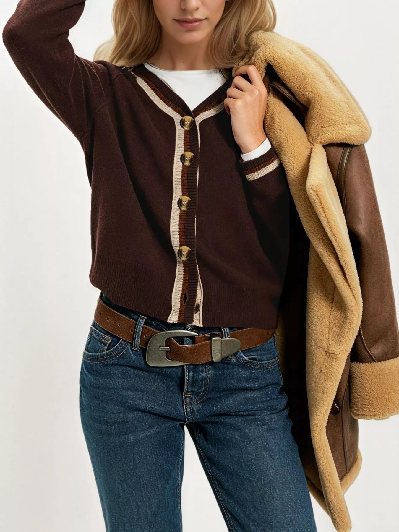 Trendsi Striped Trim Button-Down Cardigan -