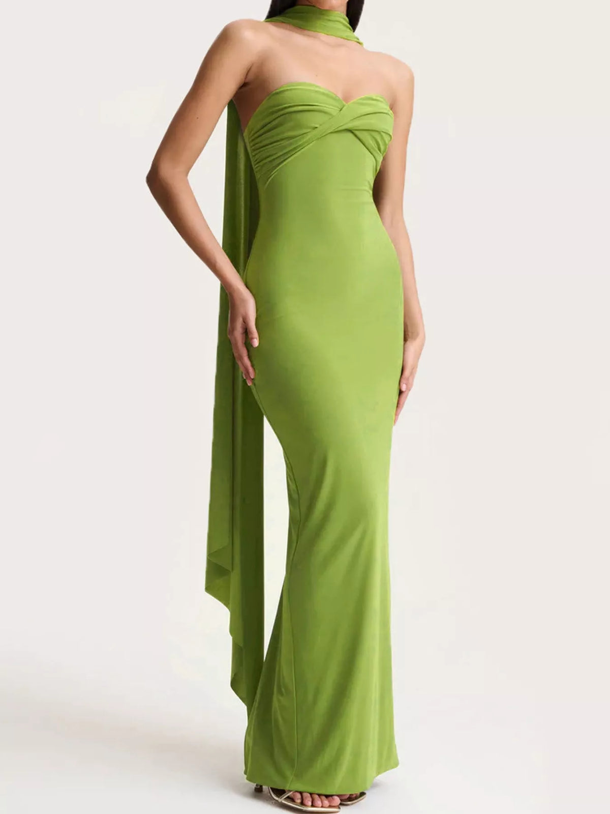 Green strapless ruched bodycon maxi dress with scarf, front view