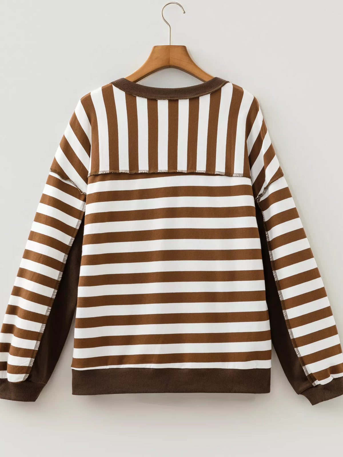 Button Detail Long Sleeve Sweatshirt, back view in brown