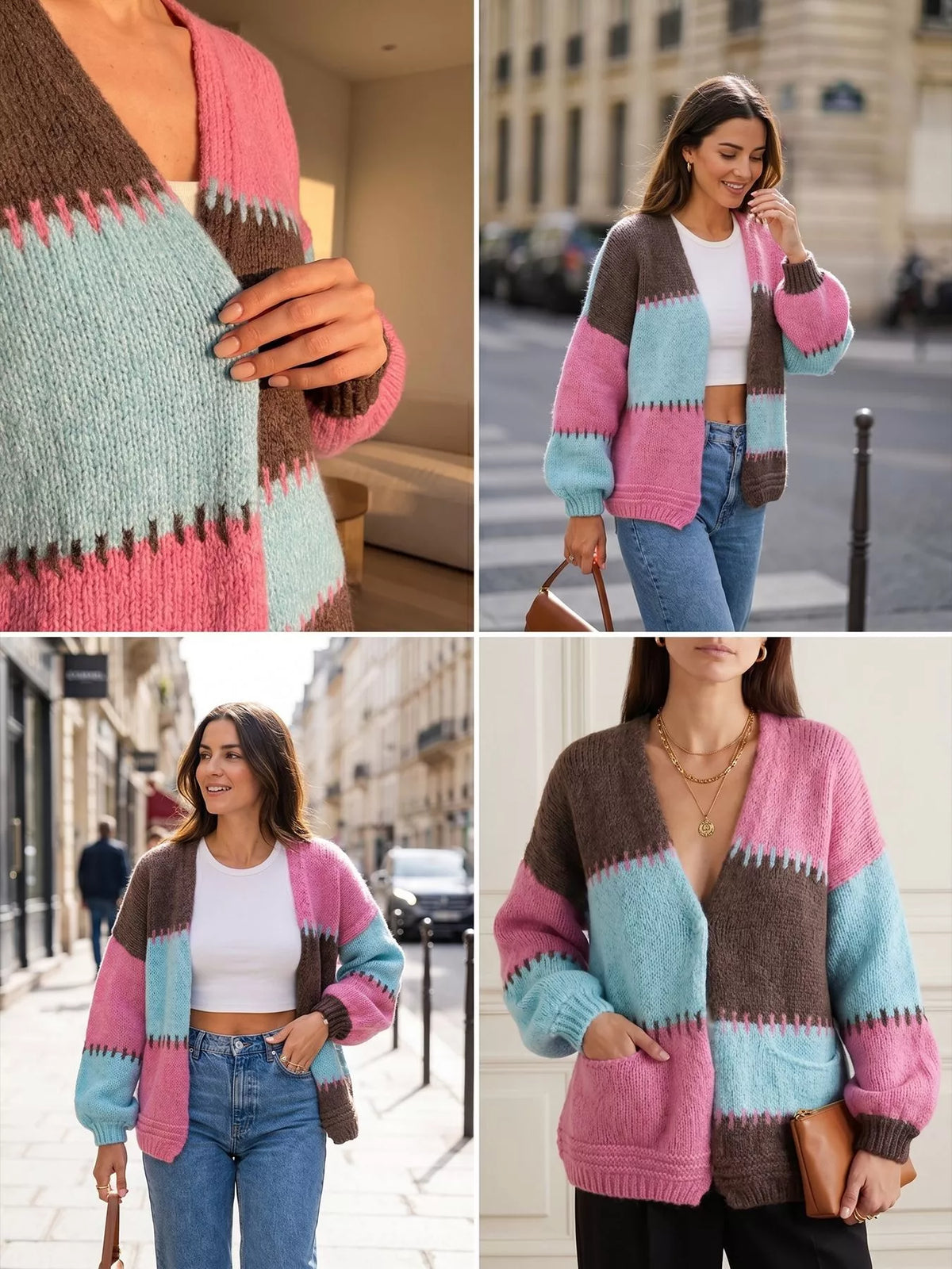 Pink and blue color-block v-neck cardigan, collage of front views and knit detail.