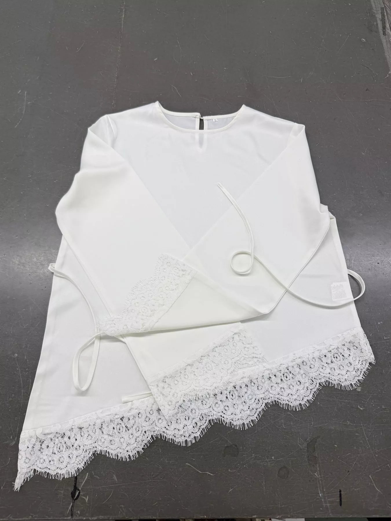 Trendsi Satin Lace Trim Flare Sleeve Blouse -