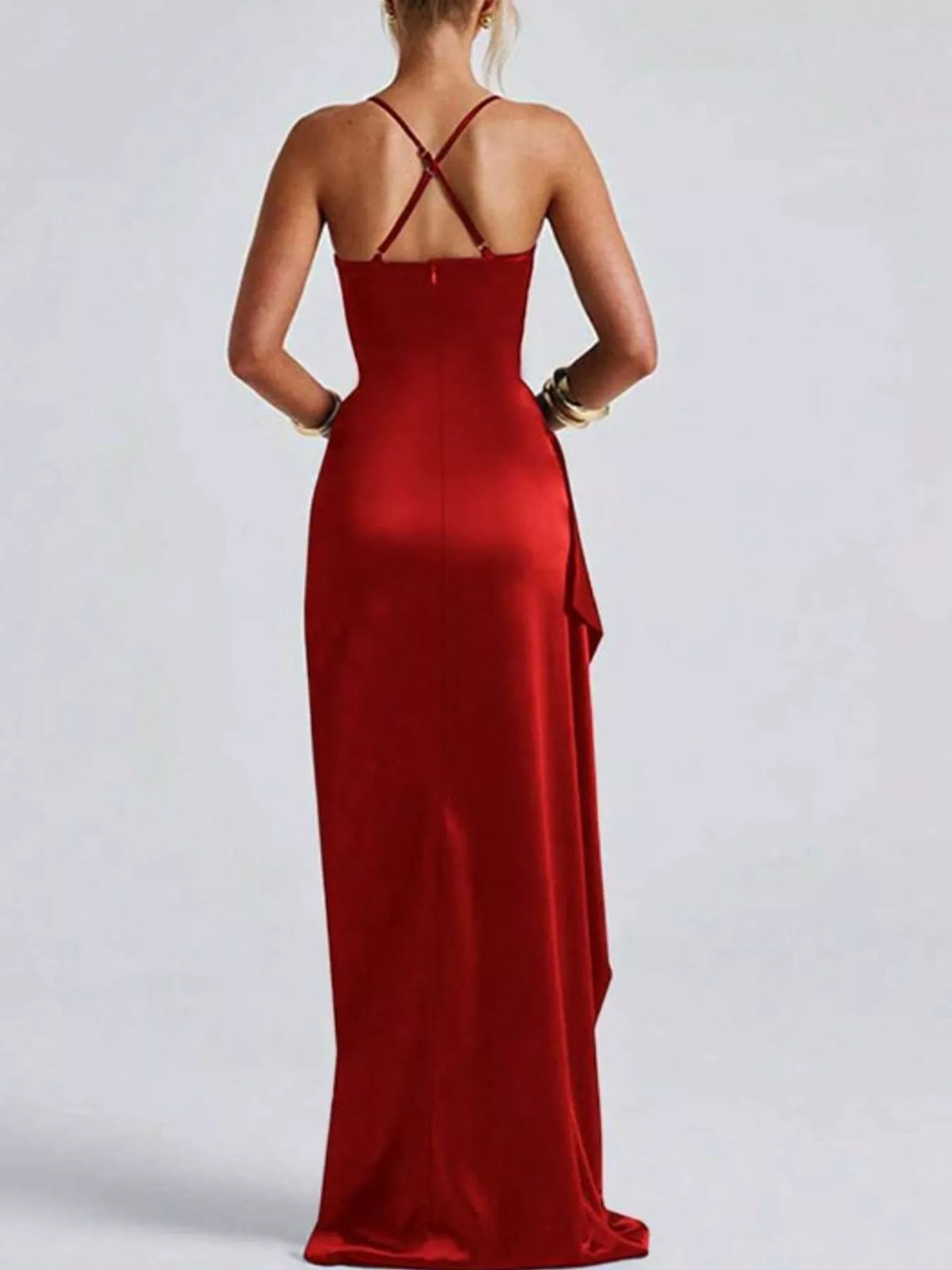 Red satin ruched high slit maxi dress, back view