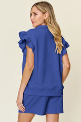 Trendsi Double Take Full Size Texture Flounce Sleeve Top and Drawstring Shorts Set -