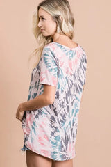 Trendsi BiBi Tie Dye Print Terry Deep U Neck Top -