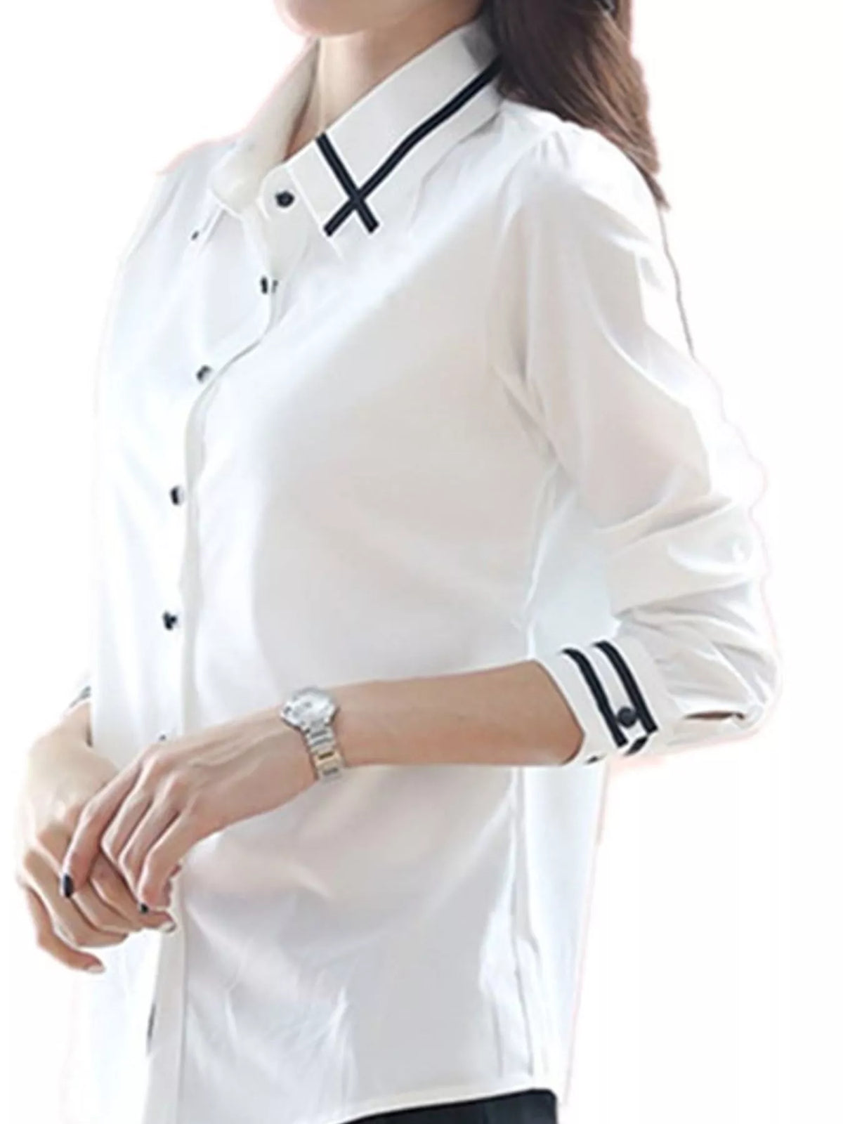 Collared long sleeve shirt, front view on model