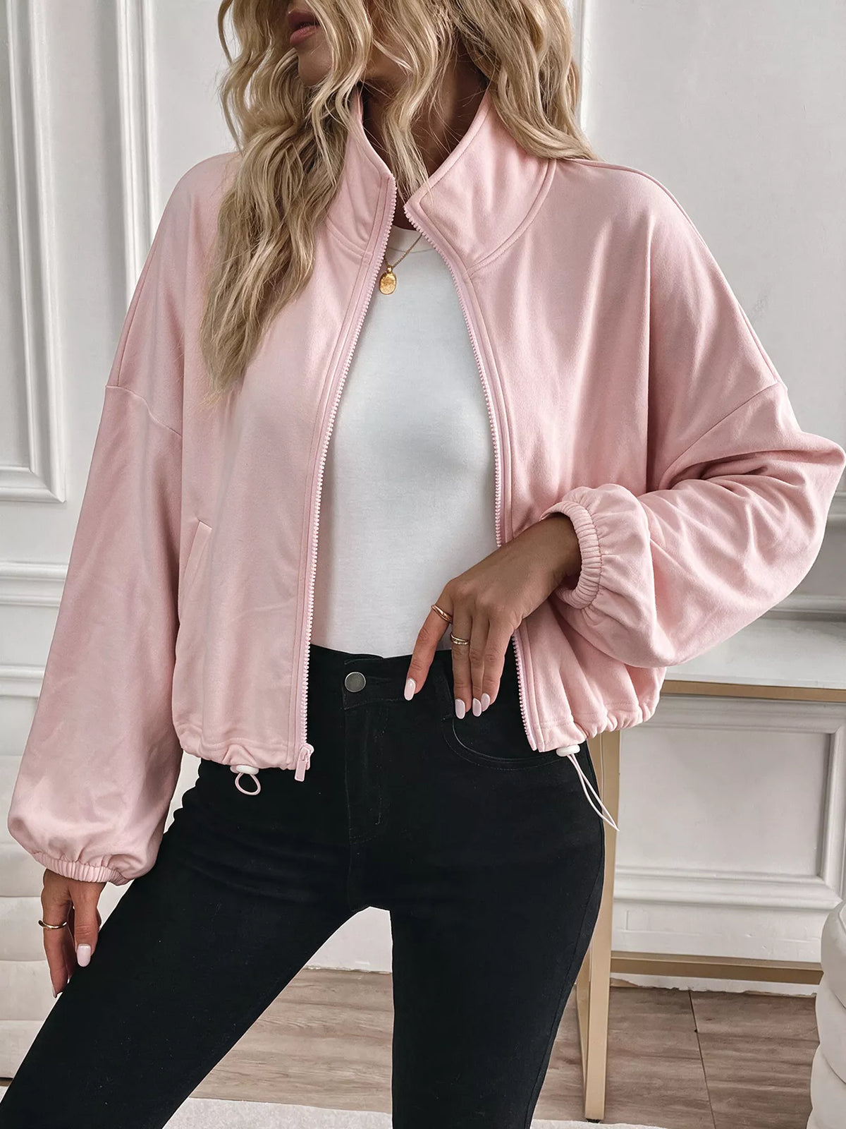 Zip-Up Drawstring Hem Sweatshirt — front view