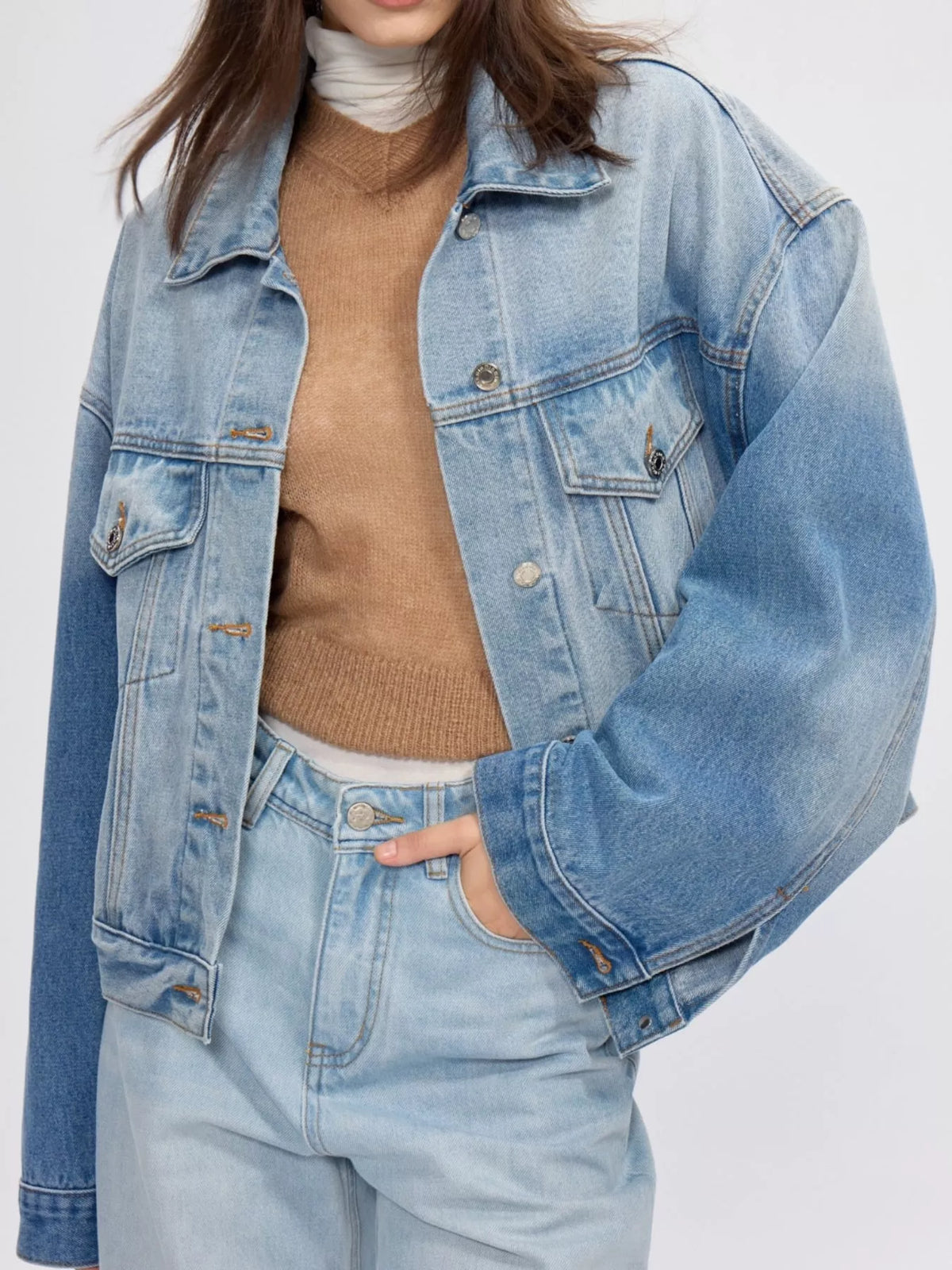 Drop-shoulder denim jacket, light blue front