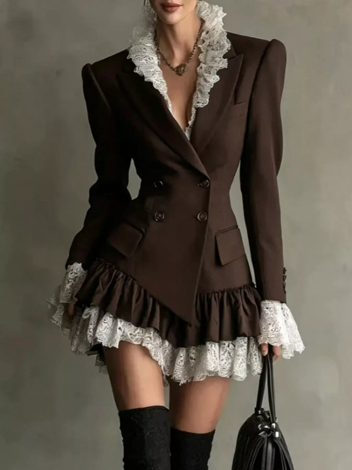 Collared long sleeve mini dress, front view on model