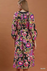 Trendsi Umgee Abstract Print Embroidered Belted Midi Dress -