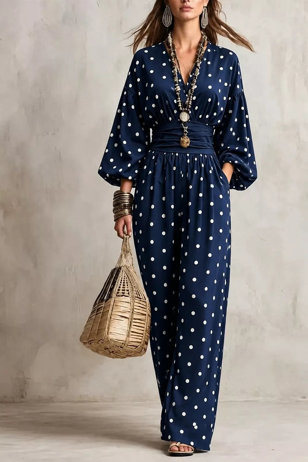 Women's Polka Dot Wide-Leg Jumpsuit in Navy, front view