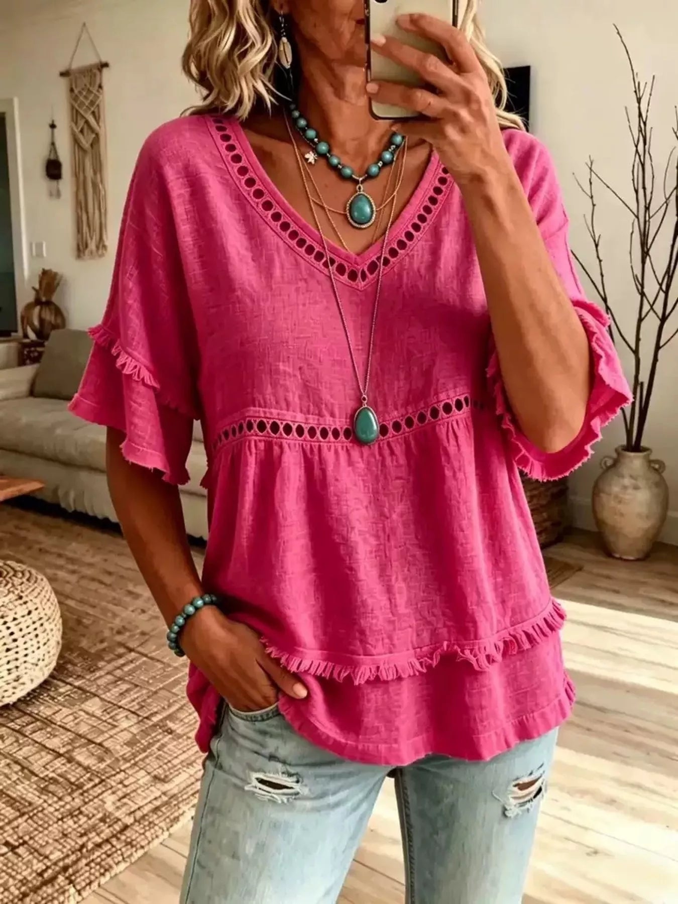 Trendsi Eyelet V-Neck Frayed Edge T-Shirt -