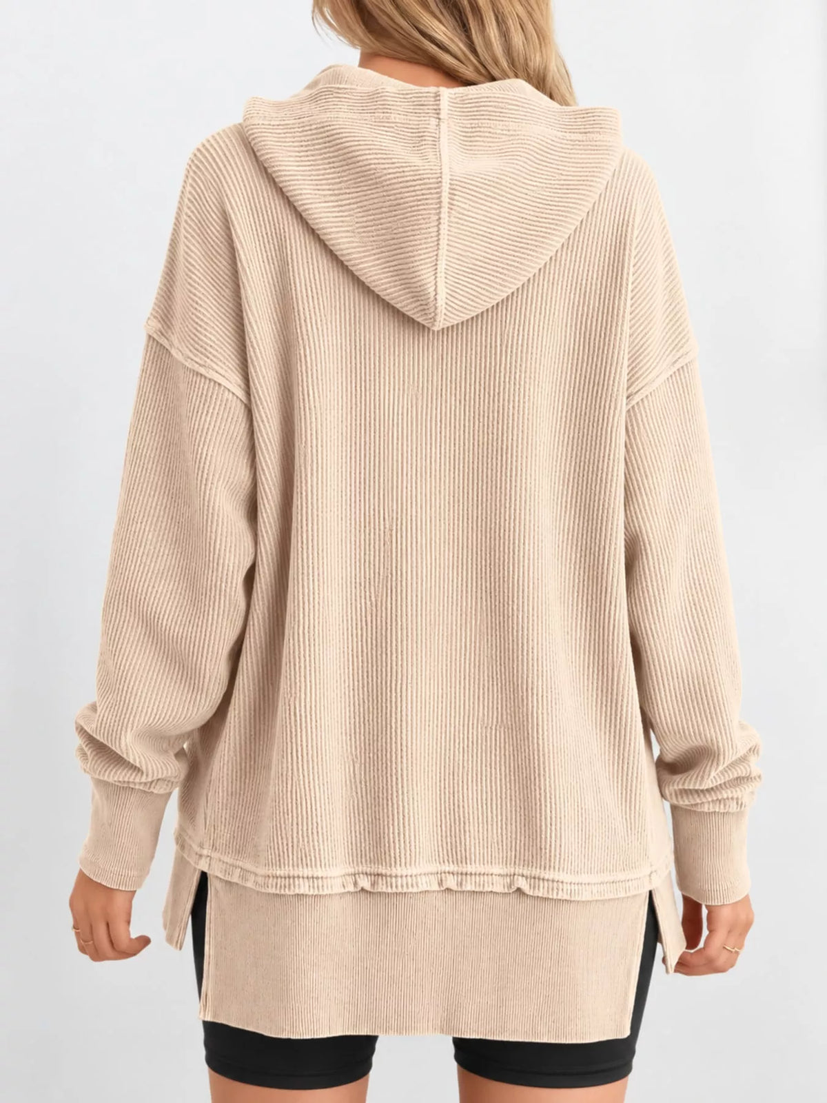 Women's Snap Button Placket Dropped Shoulder Hoodie in cream — back view