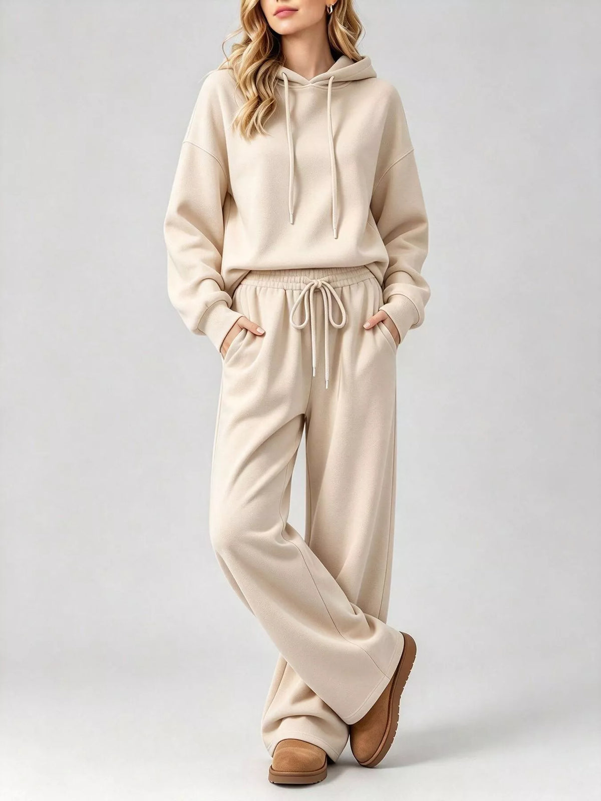 Apricot dropped shoulder hoodie and wide-leg pants set