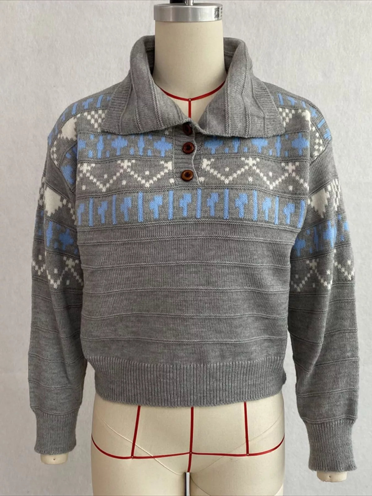 Gray fair isle polo-collar sweater, front on dress form.
