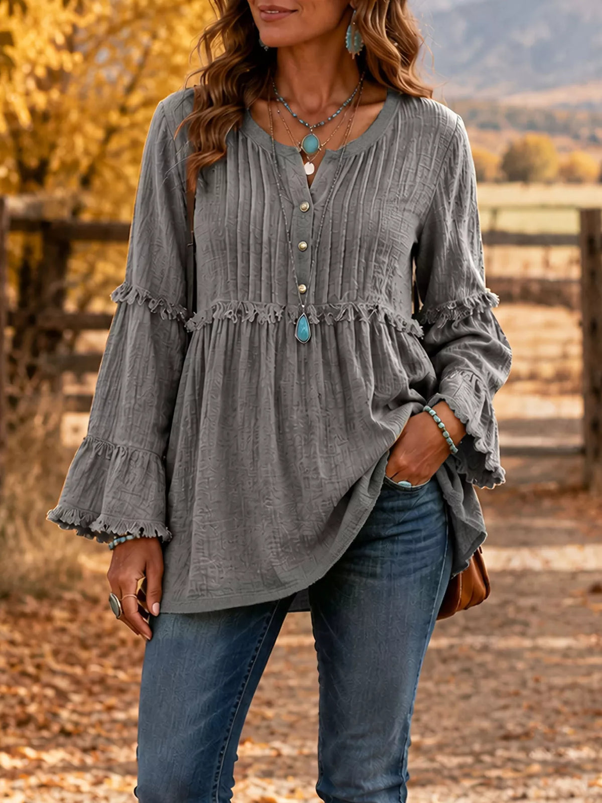 Trendsi Full Size Frill Notched Long Sleeve Blouse Plus Size -