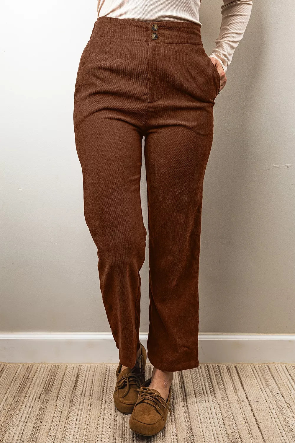 Women's elastic-waist straight-leg ankle-length corduroy pants