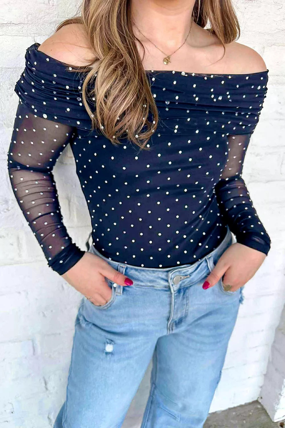 Trendsi Off-Shoulder Polka Dot Mesh Blouse -
