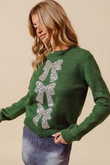 Trendsi SO ME Sequins Bow Ribbon Embellished Christmas Sweater -