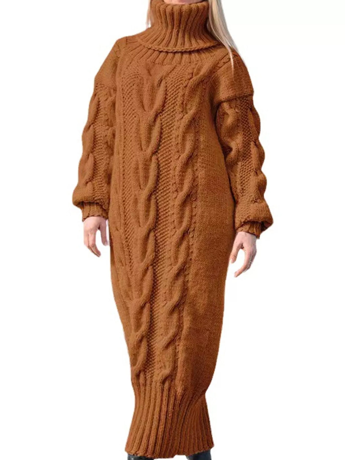 Camel oversized cable knit turtleneck sweater dress