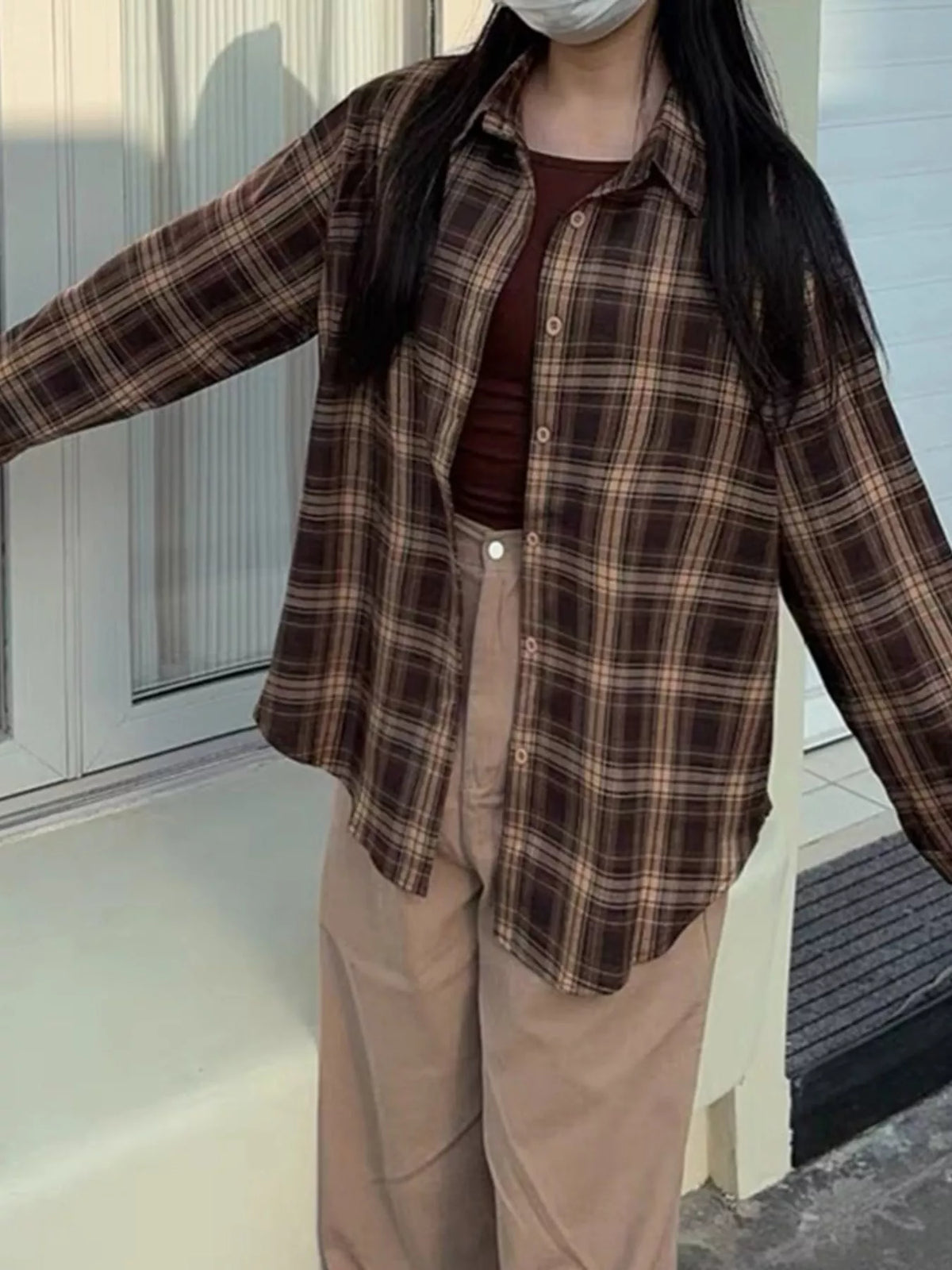 Brown and cream loose-fit plaid shirt