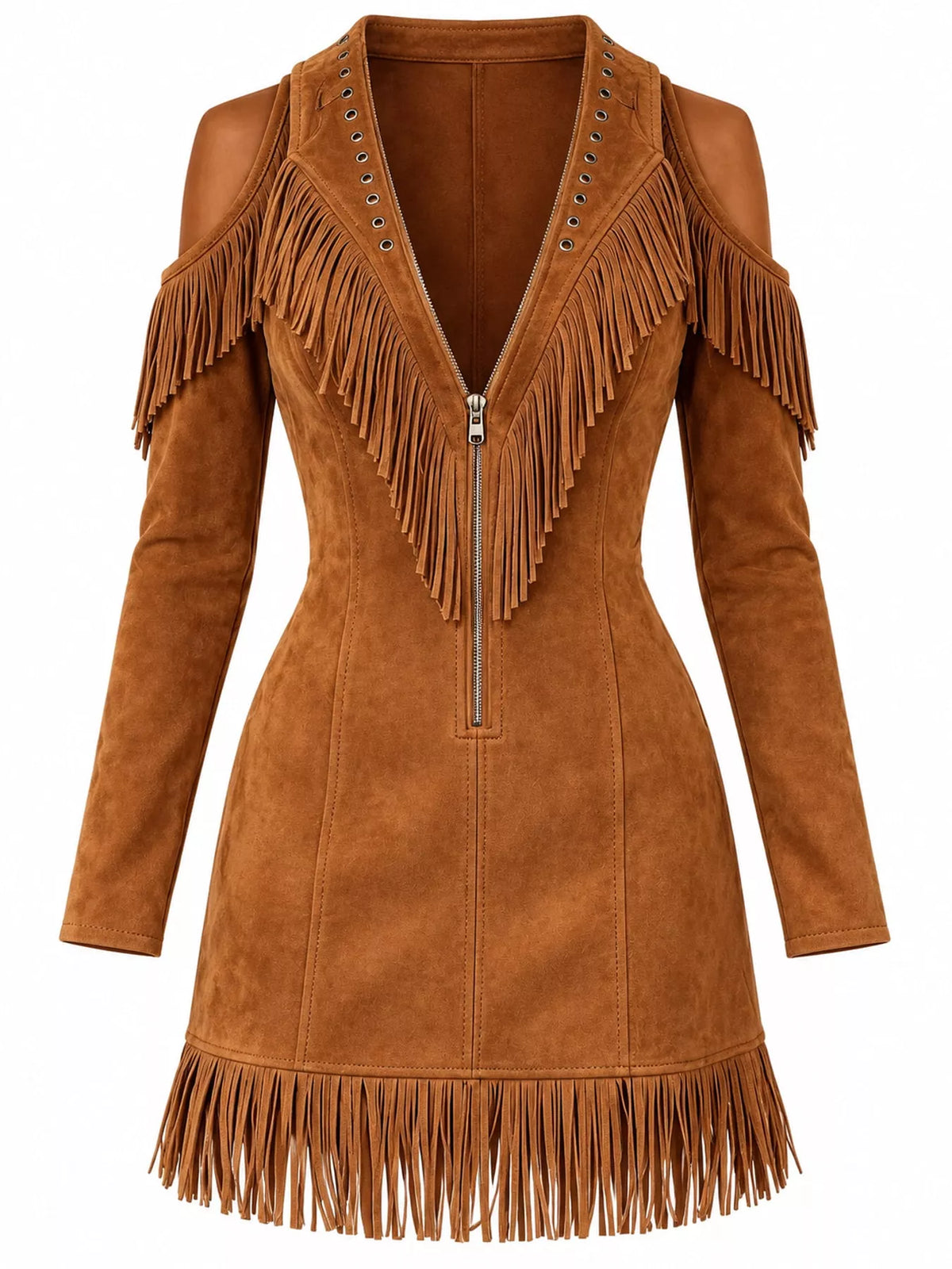 Fringed cold-shoulder dress, brown fringe and zip front
