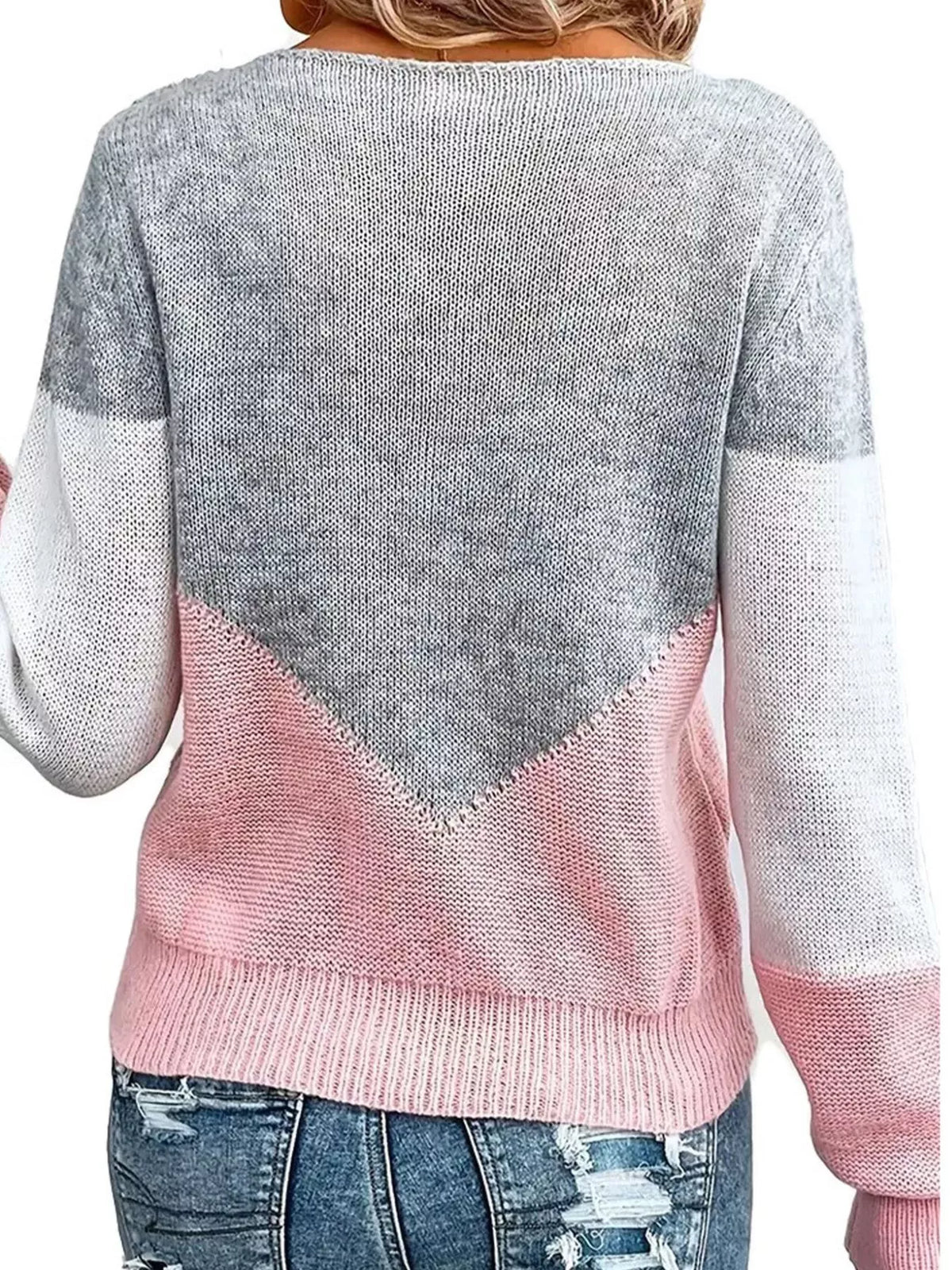 Women's Openwork Color Block Long Sleeve Sweater in Black, front view