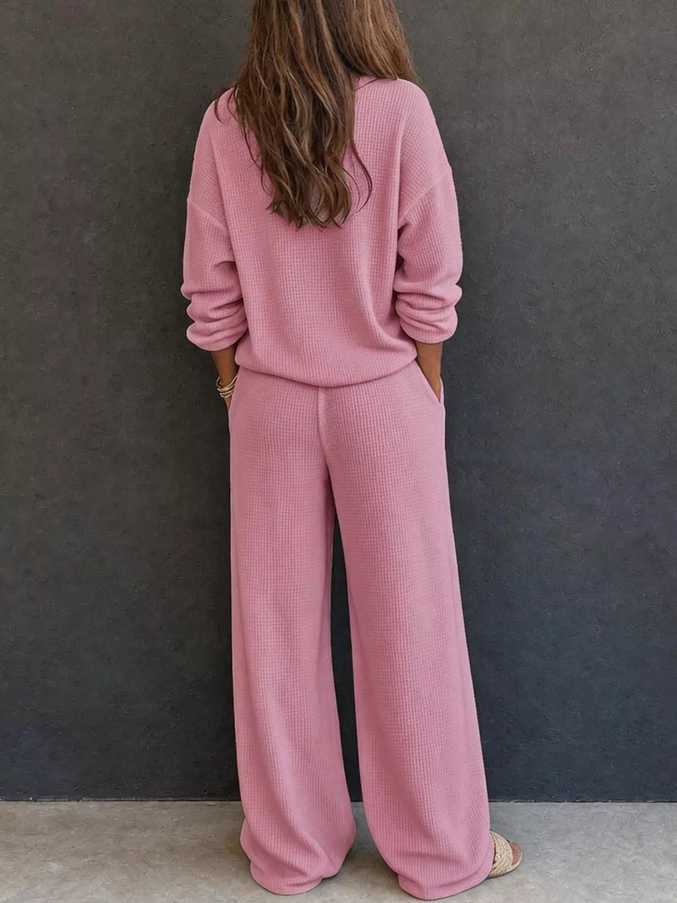 Trendsi Waffle Knit Henley Top and Wide Leg Pants Set -