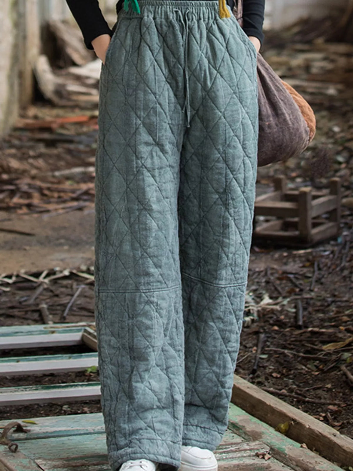 Teal quilted wide-leg pants