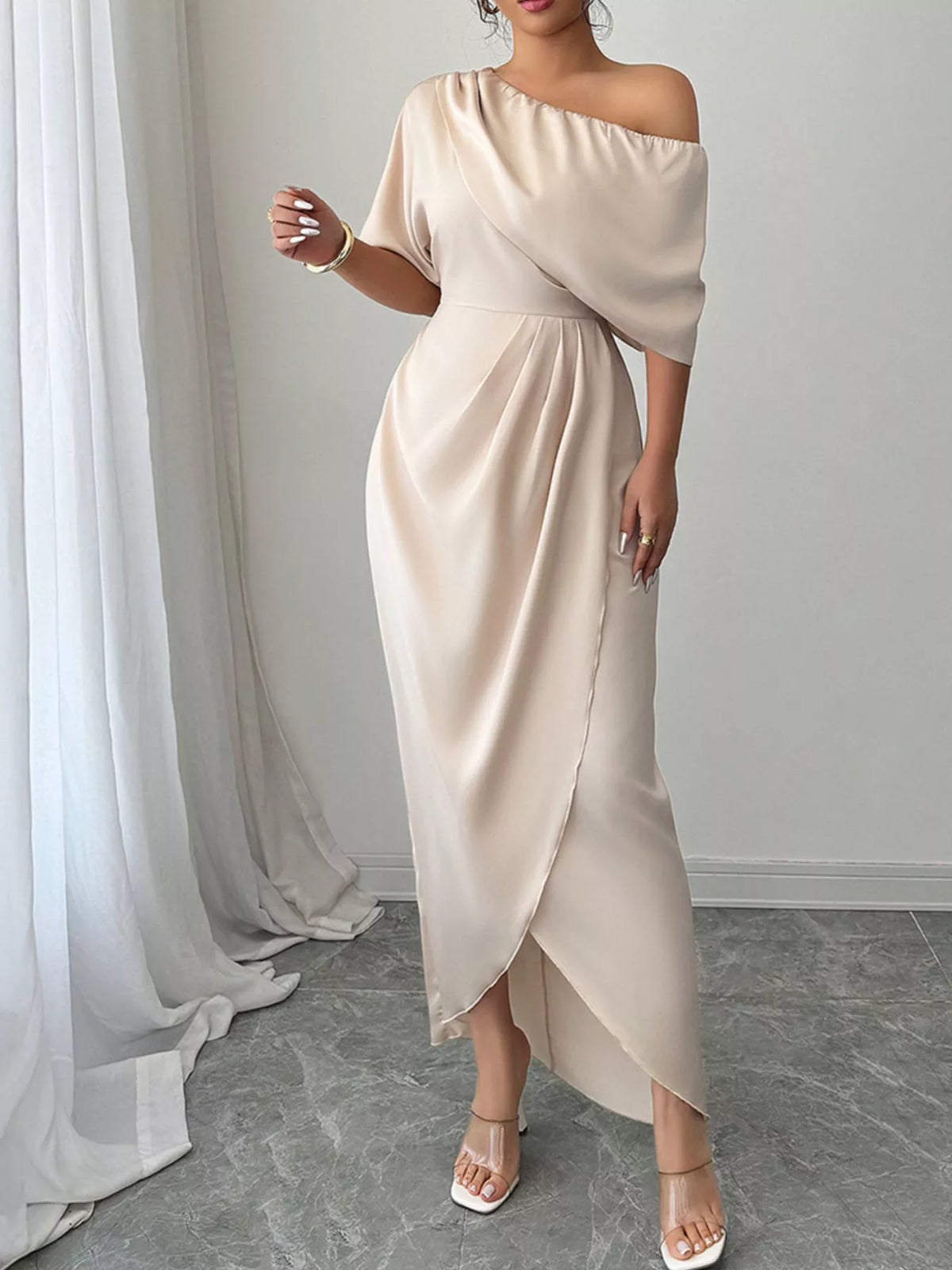 One-Shoulder Satin Maxi Dress in beige, front view