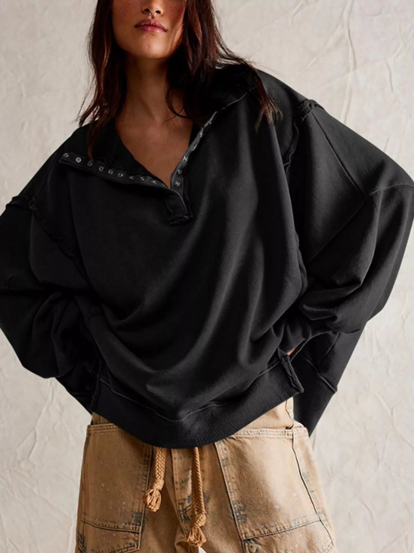 Trendsi Snap-Button Dropped Shoulder Sweatshirt -