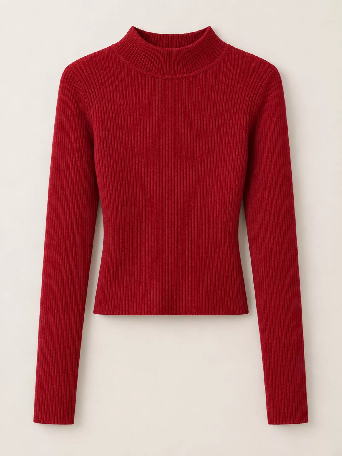 Dark red ribbed mock neck long sleeve knit top