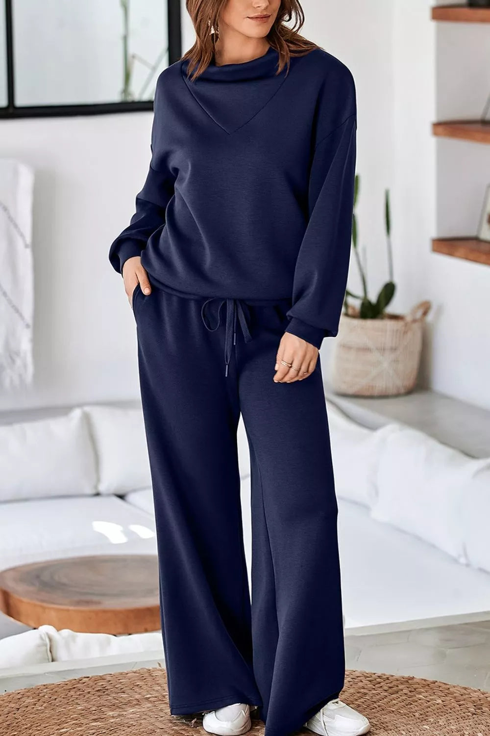 Trendsi Solid Color Cowl Neck Drawstring Pullover Wide Leg Athleisure Pants Set -