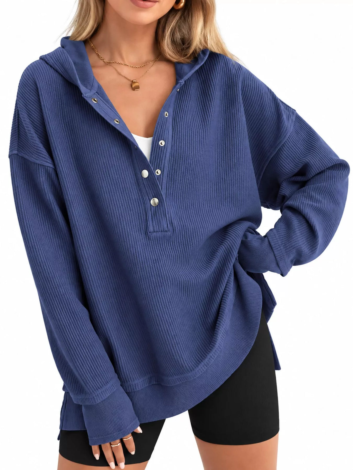 Women's Snap Button Placket Dropped Shoulder Hoodie in blue — front view
