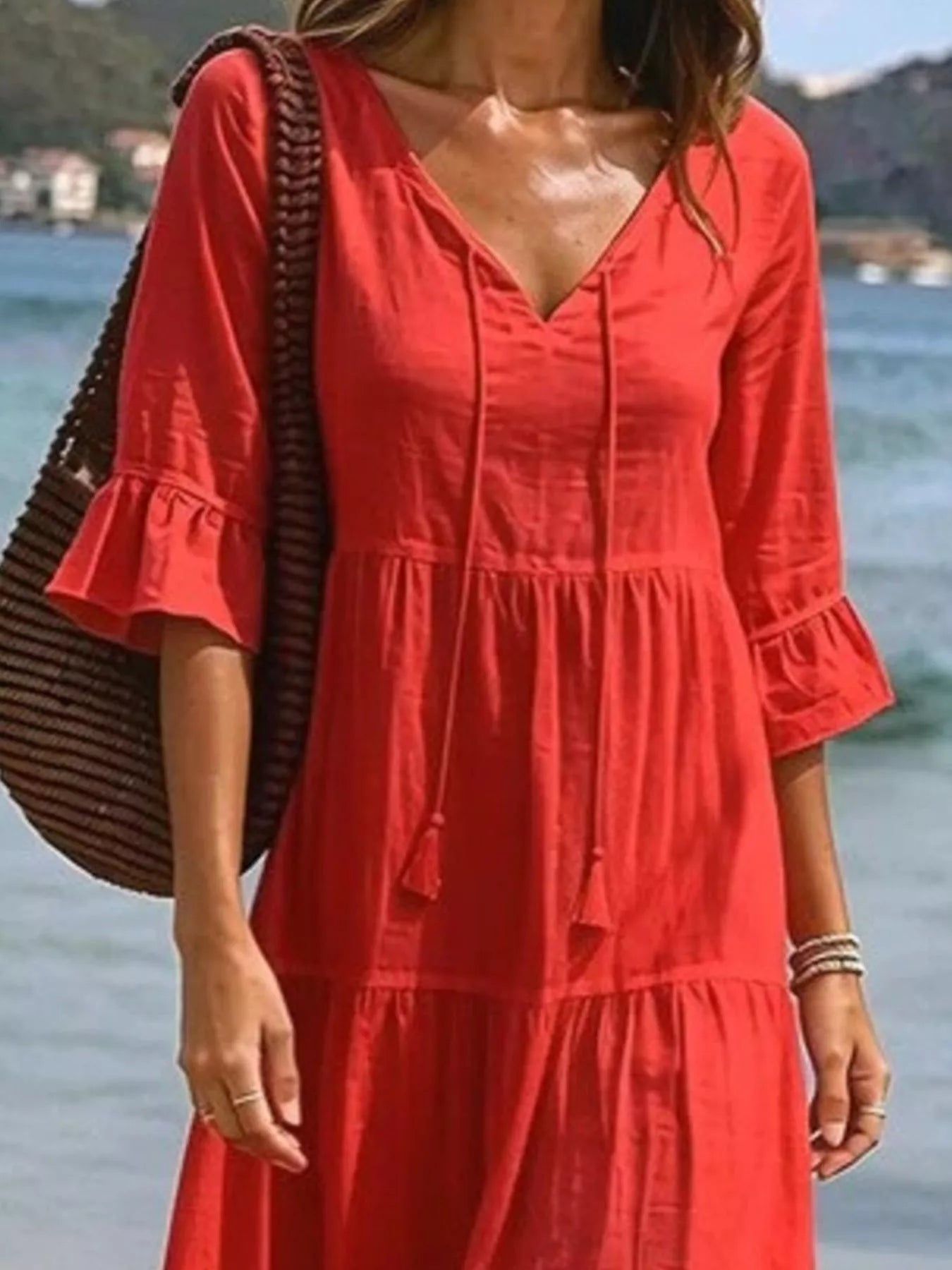 Trendsi Full Size Tiered Tie Neck Flounce Sleeve Dress Plus Size -