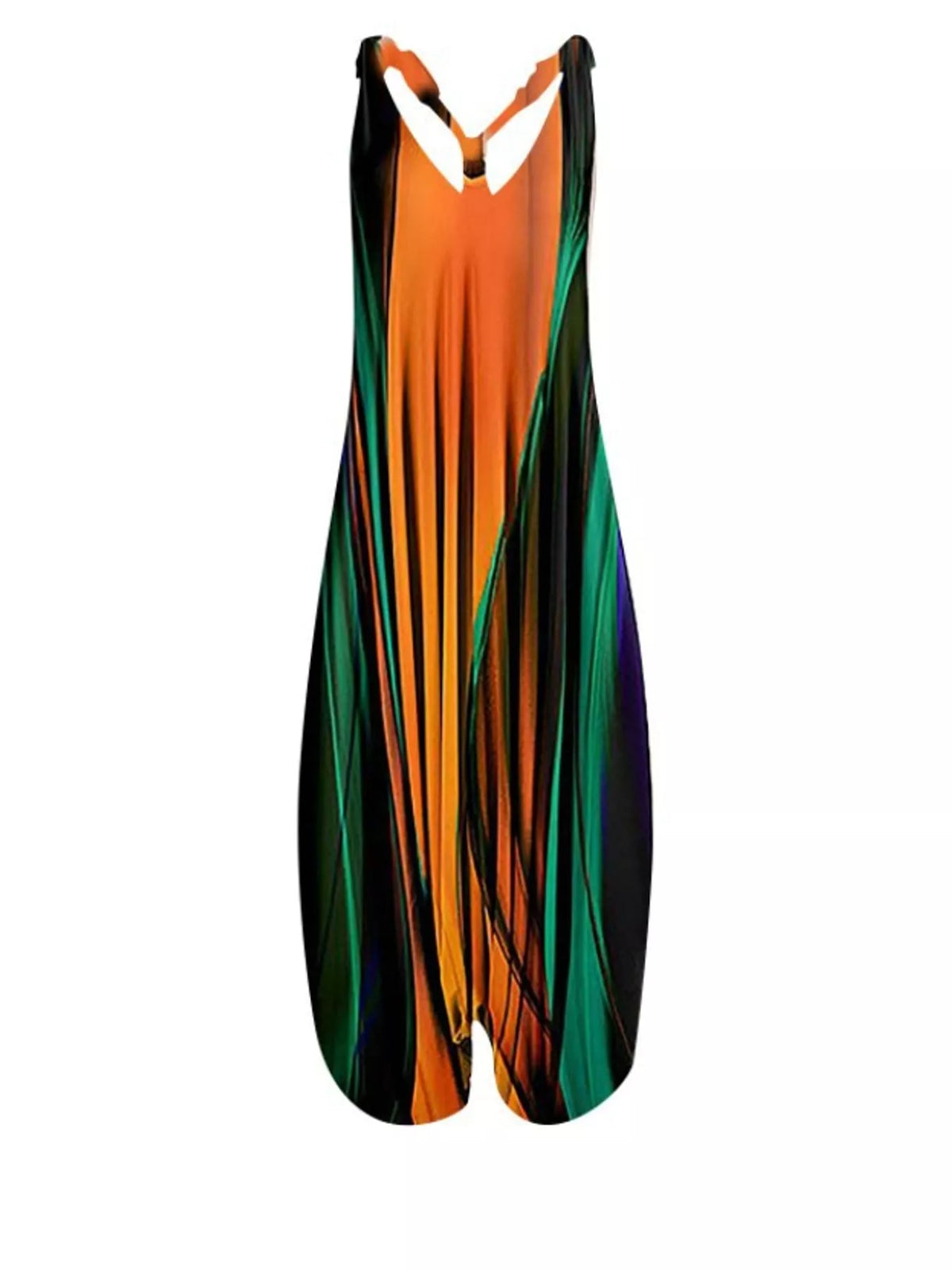 Orange and green abstract-print V-neck sleeveless jumpsuit