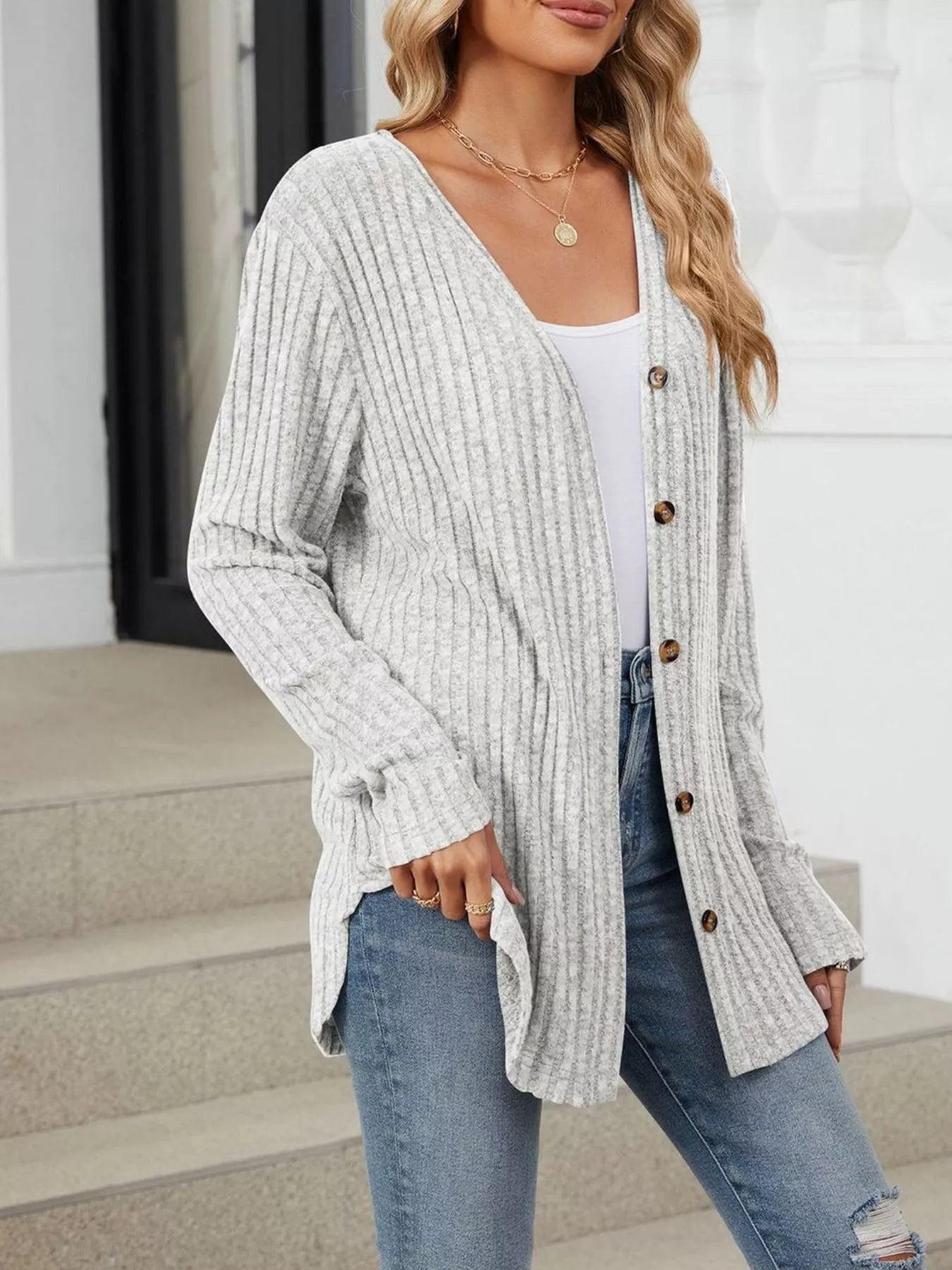 Trendsi Ribbed Button-Up Cardigan -