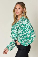 Trendsi Double Take Full Size Printed Ruffle Trim Balloon Sleeve Shirt -
