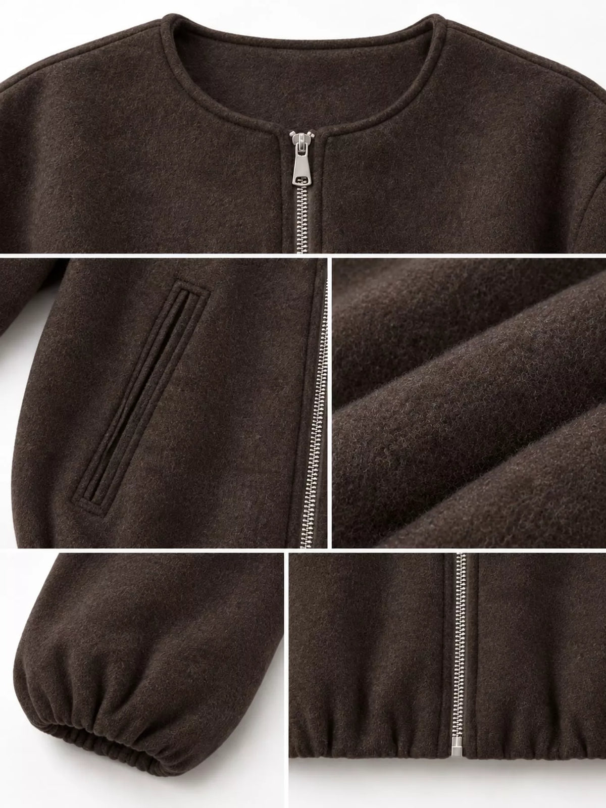 Brown zip-up long sleeve jacket — design and construction details