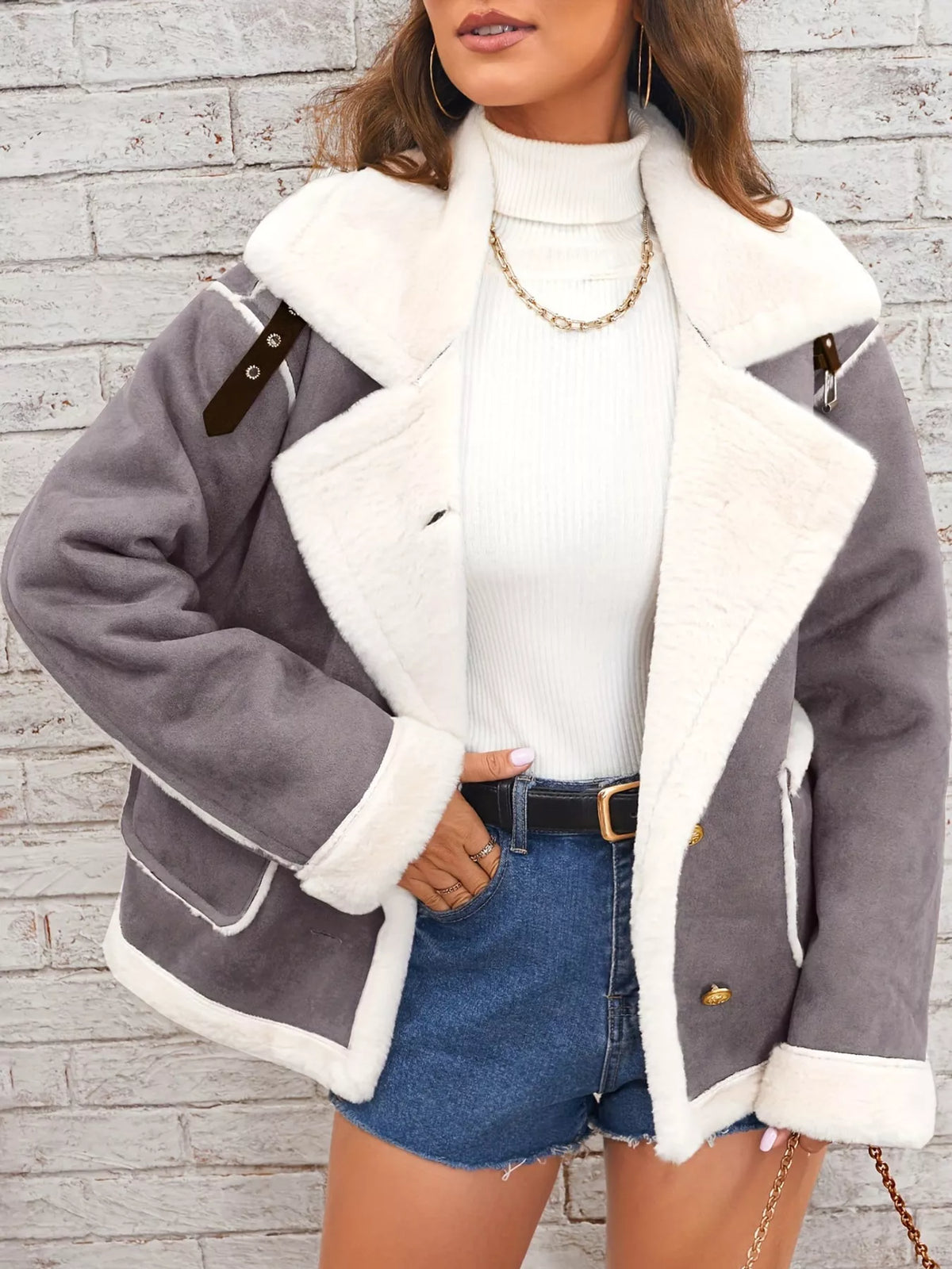 Gray plush-lined button-front jacket — front view