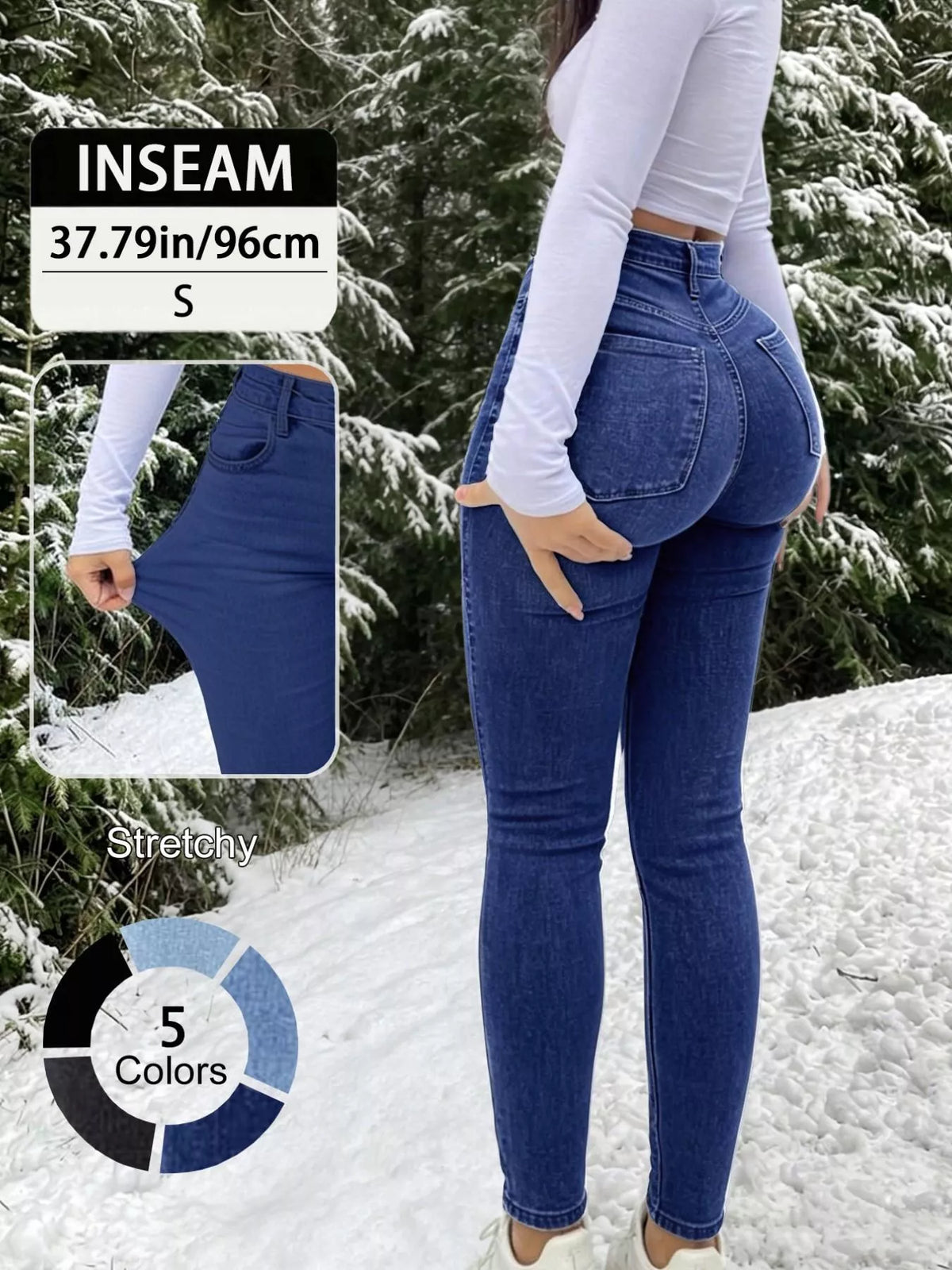 Skinny jeans, dark blue back with measurement inset