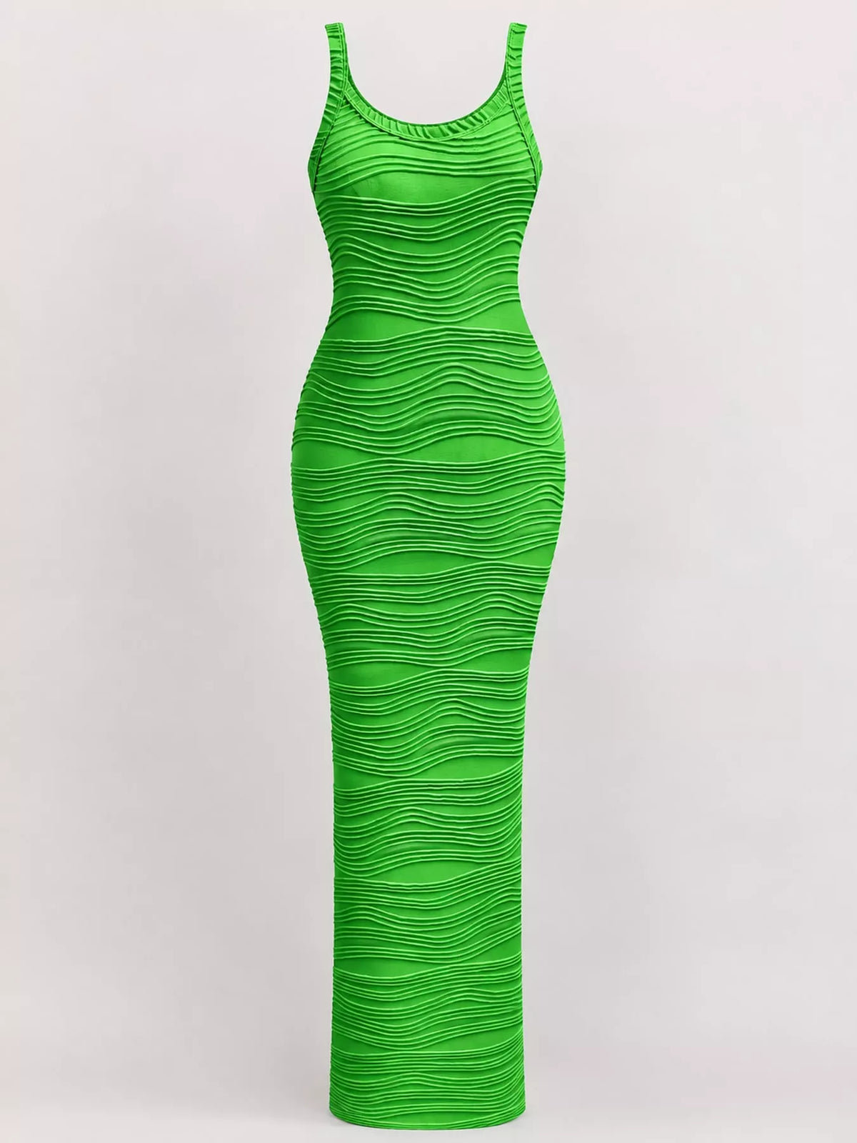 Bodycon maxi dress, green wavy-print flat front