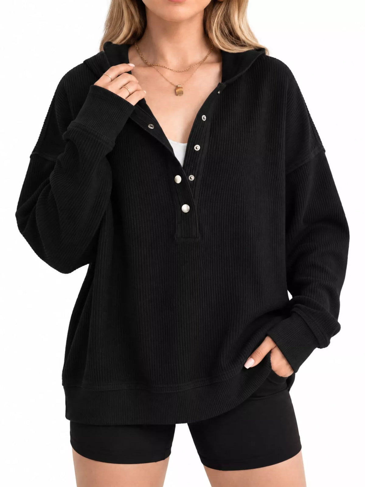 Women's Snap Button Placket Dropped Shoulder Hoodie in black — front view