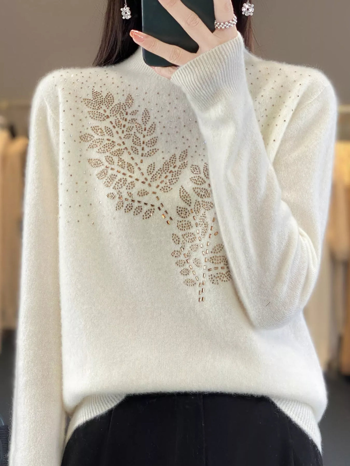 Rhinestone Leaf Mock Neck Sweater — front view