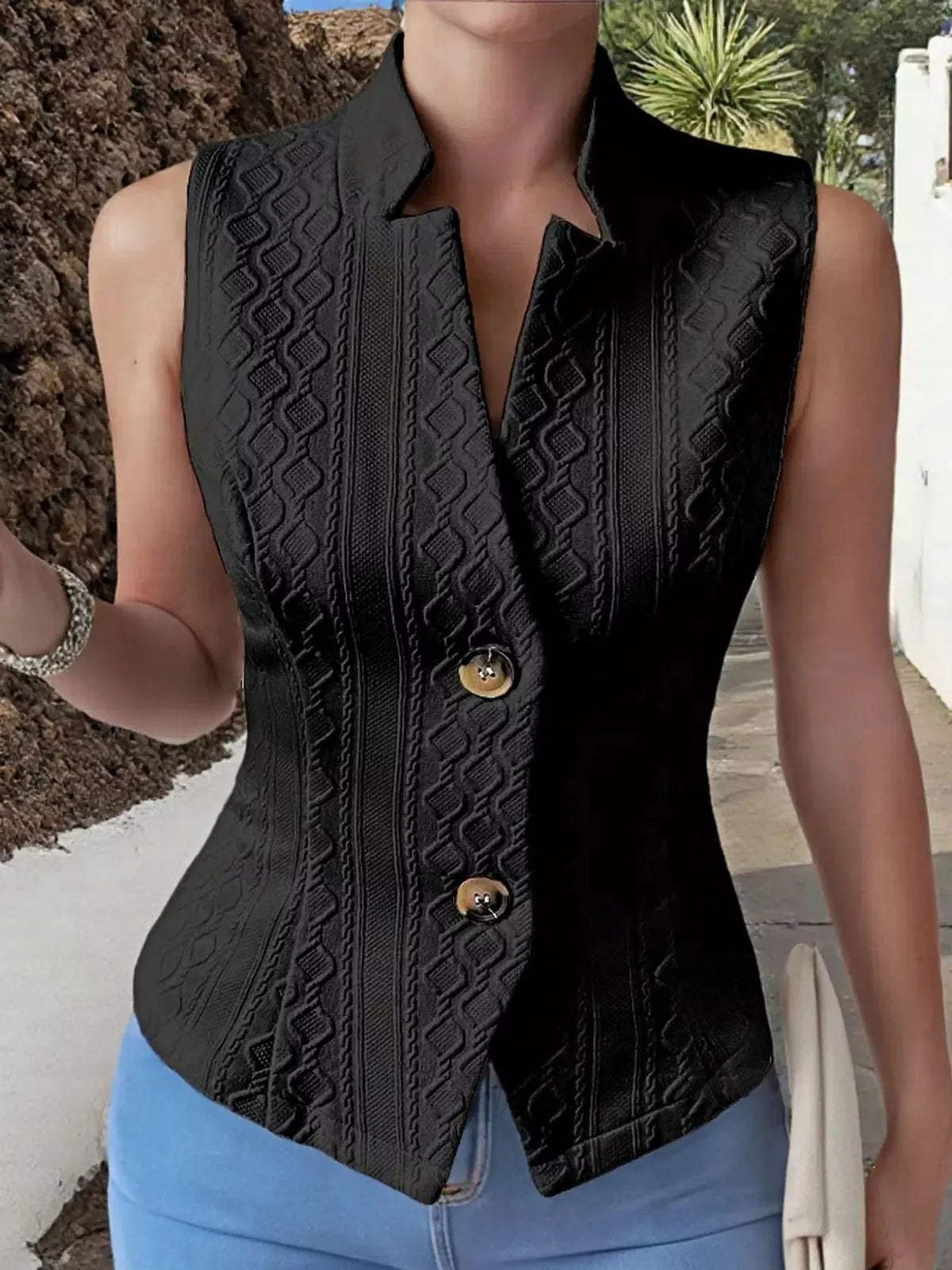 Textured Button-Down Vest in black, front view