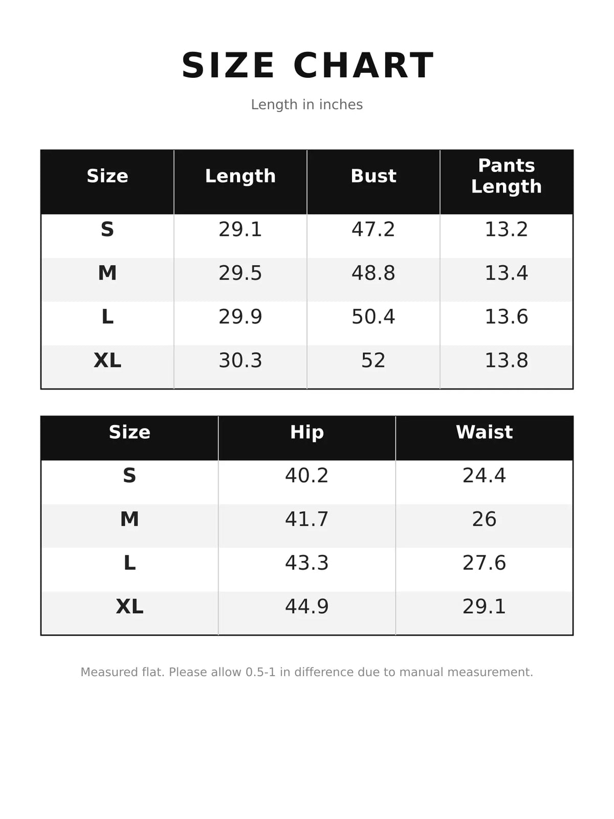 Size chart for printed cardigan and shorts set