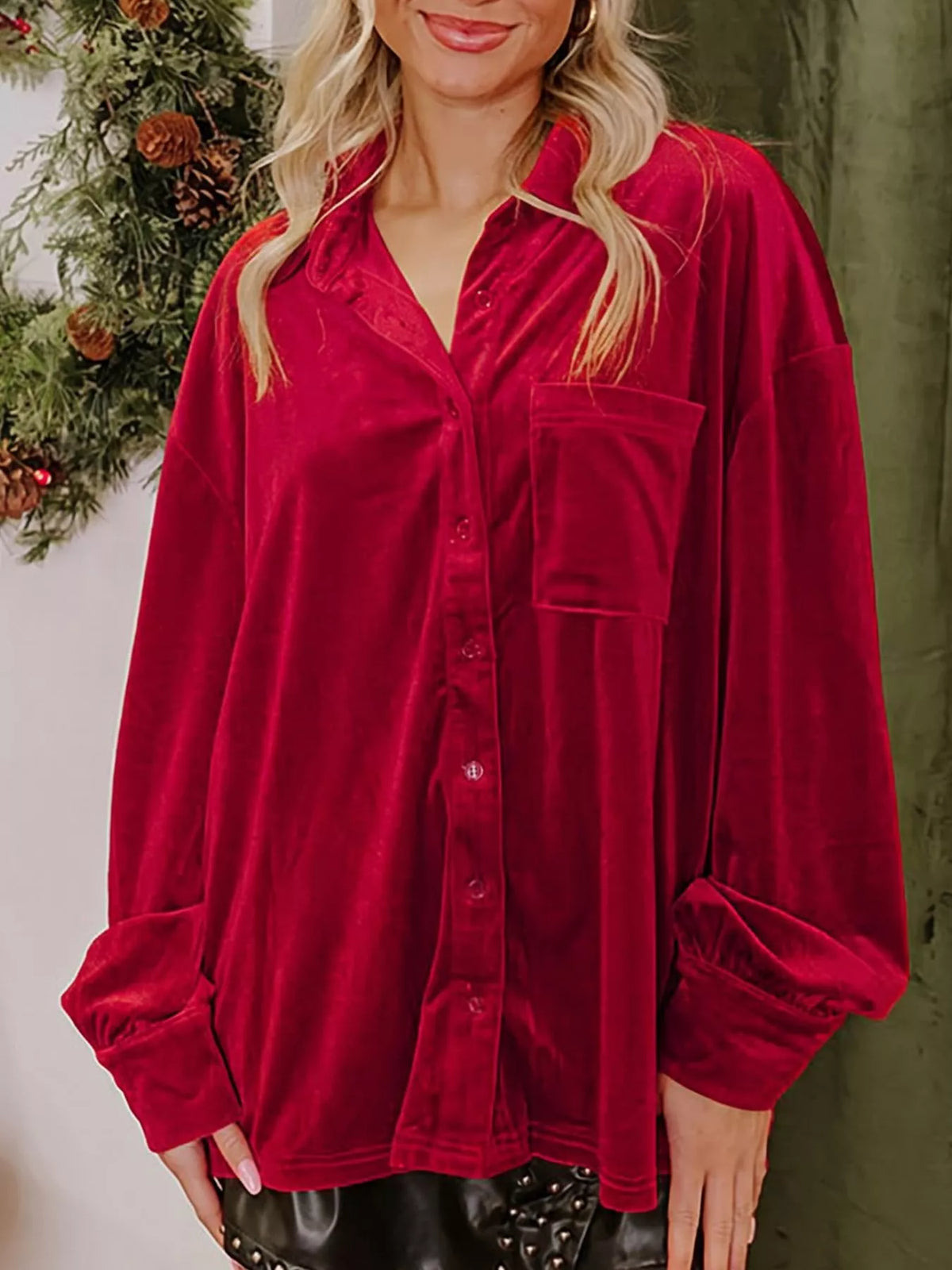 Red velvet button-down shirt with patch pockets — front view